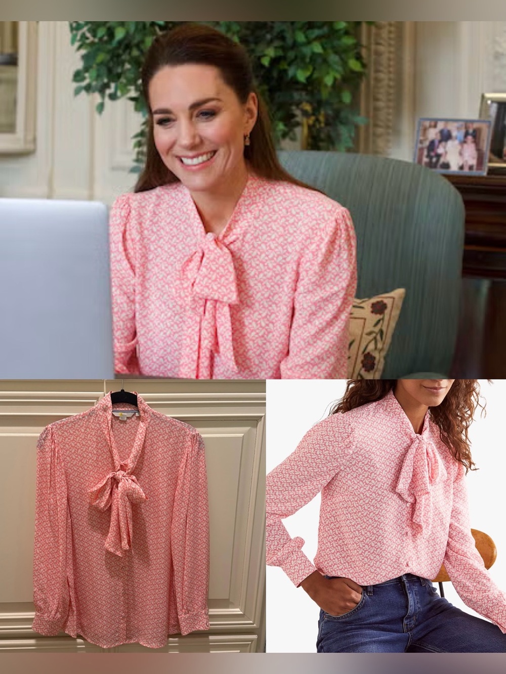Boden 'Dora' Tie Neck Blouse Azalea Splash- Kate Middleton Royal Duchess UK8/US4